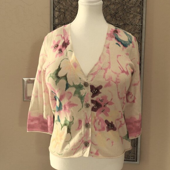J. Jill Small Watercolor Floral Silk Trimmed Cardigan. - Picture 1 of 3